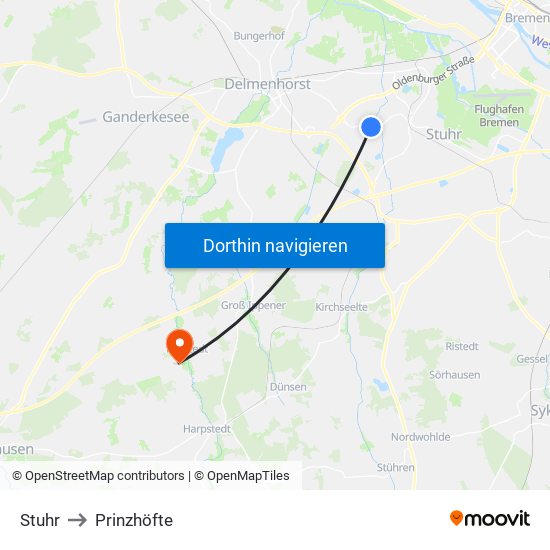 Stuhr to Prinzhöfte map