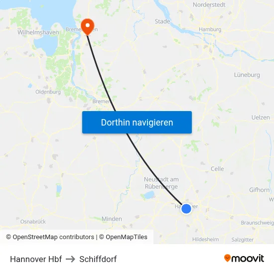 Hannover Hbf to Schiffdorf map