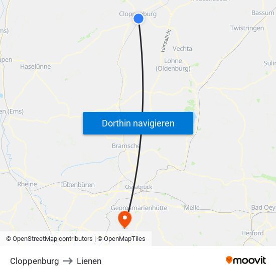 Cloppenburg to Lienen map