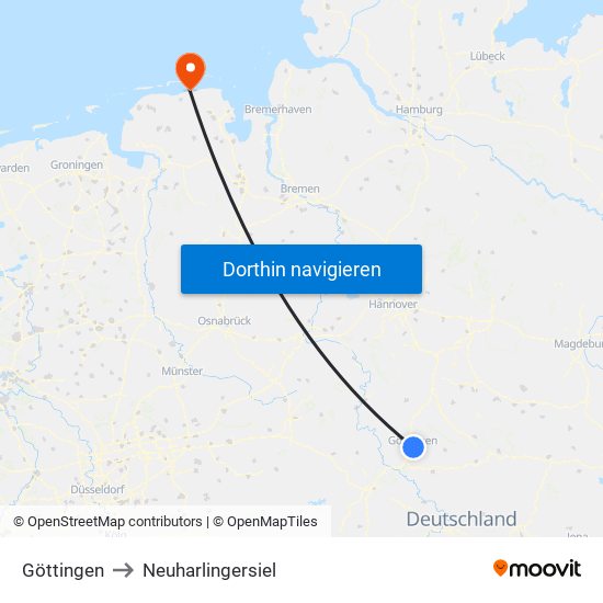 Göttingen to Neuharlingersiel map