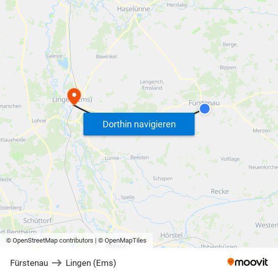 Fürstenau to Lingen (Ems) map