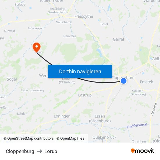 Cloppenburg to Lorup map