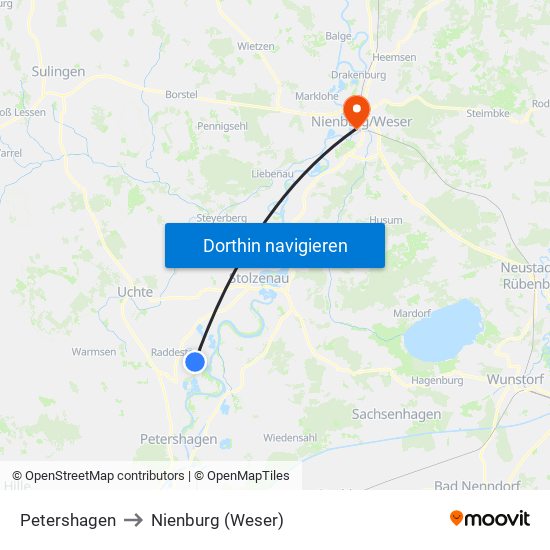 Petershagen to Nienburg (Weser) map