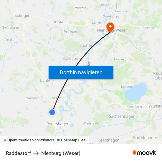 Raddestorf to Nienburg (Weser) map