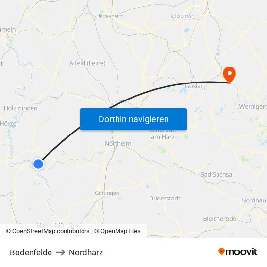 Bodenfelde to Nordharz map