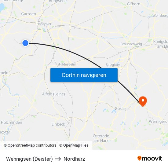 Wennigsen (Deister) to Nordharz map