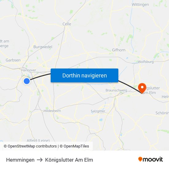 Hemmingen to Königslutter Am Elm map