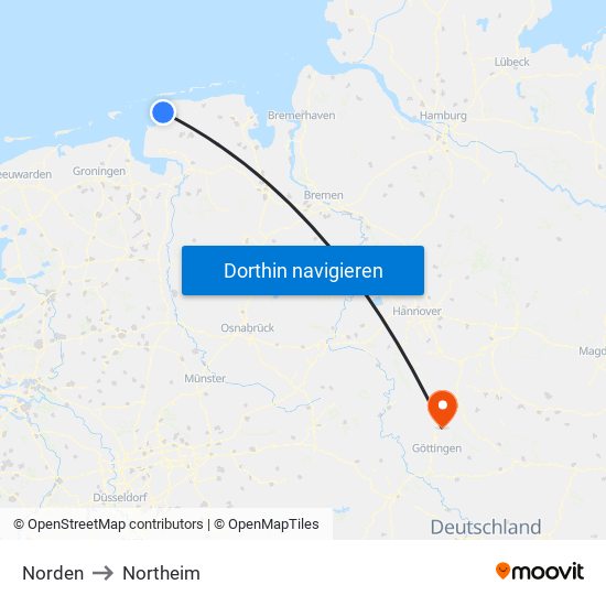 Norden to Northeim map