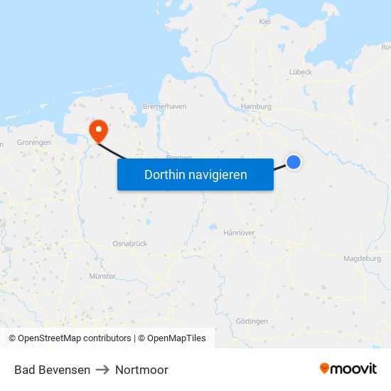 Bad Bevensen to Nortmoor map