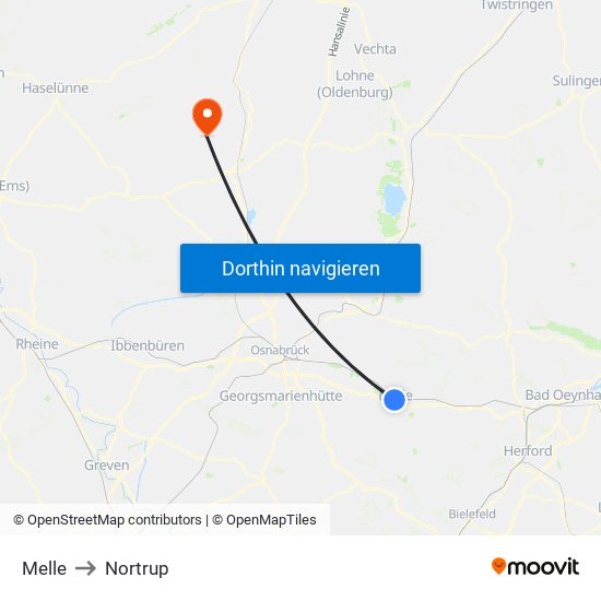 Melle to Nortrup map