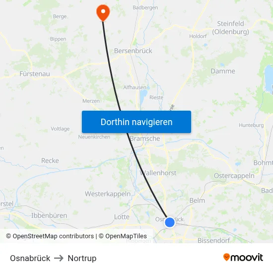 Osnabrück to Nortrup map