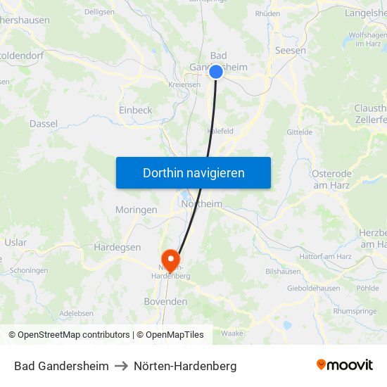 Bad Gandersheim to Nörten-Hardenberg map