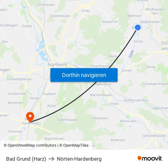 Bad Grund (Harz) to Nörten-Hardenberg map