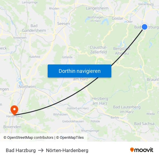 Bad Harzburg to Nörten-Hardenberg map