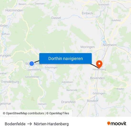 Bodenfelde to Nörten-Hardenberg map