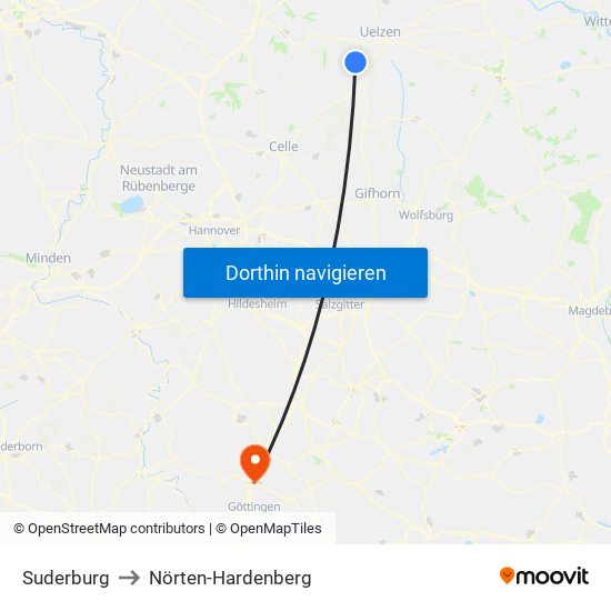 Suderburg to Nörten-Hardenberg map