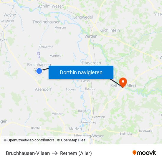 Bruchhausen-Vilsen to Rethem (Aller) map