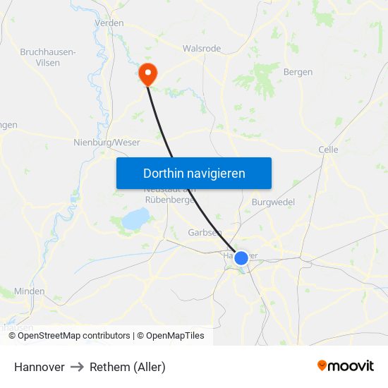 Hannover to Rethem (Aller) map