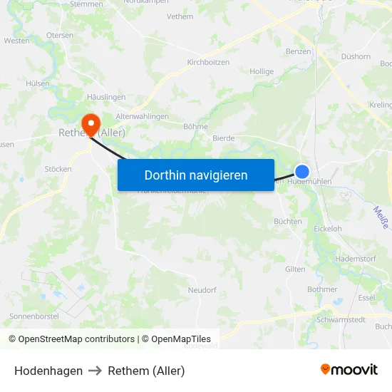 Hodenhagen to Rethem (Aller) map