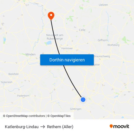 Katlenburg-Lindau to Rethem (Aller) map