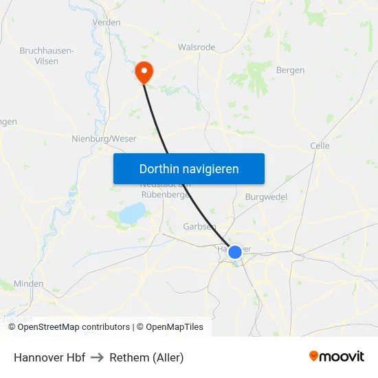 Hannover Hbf to Rethem (Aller) map