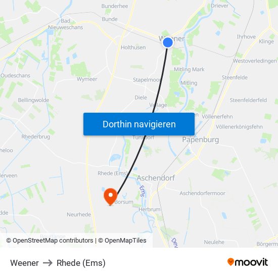 Weener to Rhede (Ems) map