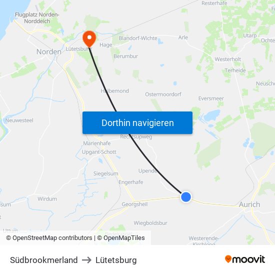 Südbrookmerland to Lütetsburg map