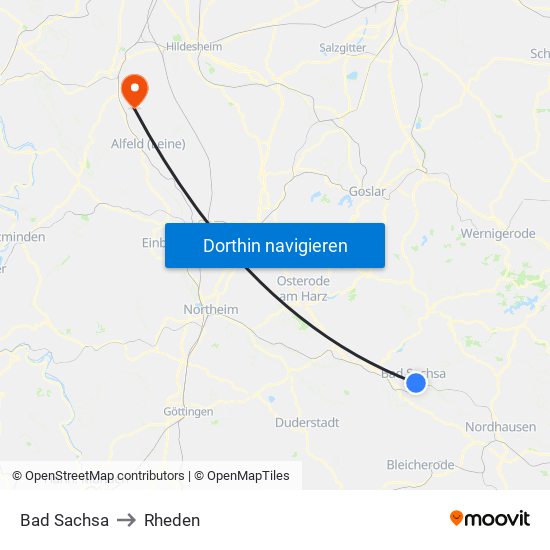 Bad Sachsa to Rheden map