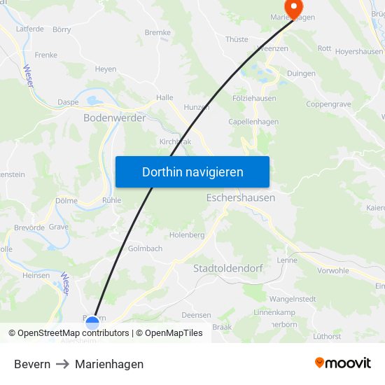 Bevern to Marienhagen map