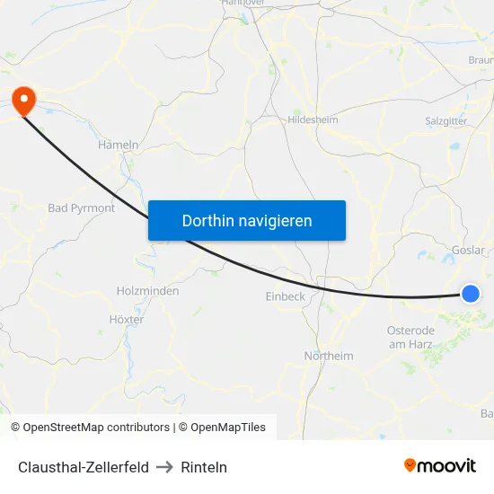 Clausthal-Zellerfeld to Rinteln map