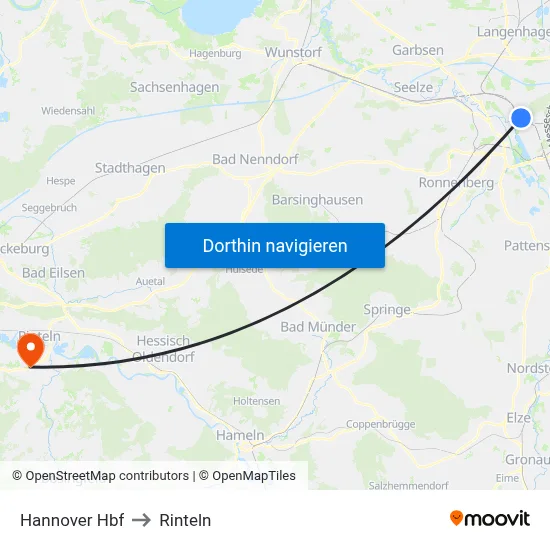 Hannover Hbf to Rinteln map