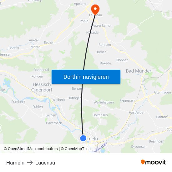 Hameln to Lauenau map