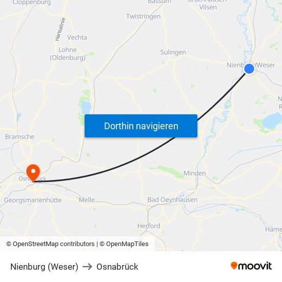 Nienburg (Weser) to Osnabrück map