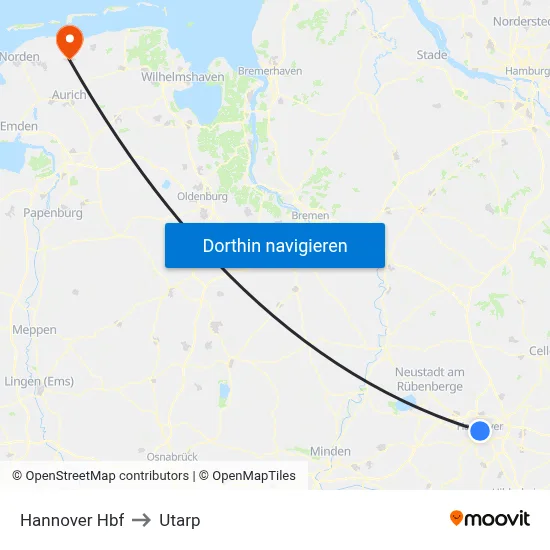 Hannover Hbf to Utarp map