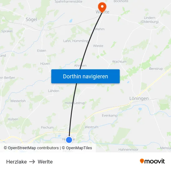 Herzlake to Werlte map