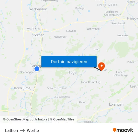Lathen to Werlte map