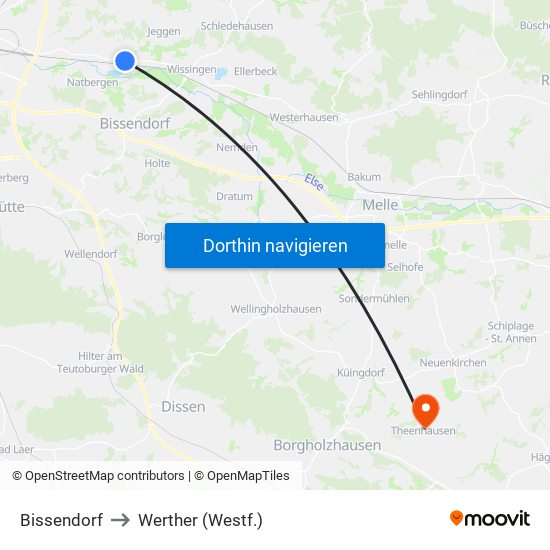 Bissendorf to Werther (Westf.) map