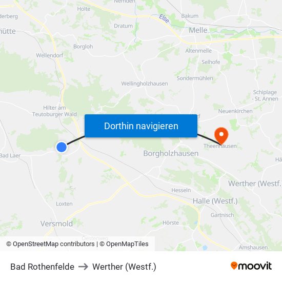 Bad Rothenfelde to Werther (Westf.) map