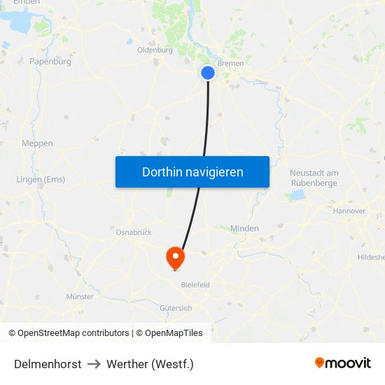 Delmenhorst to Werther (Westf.) map