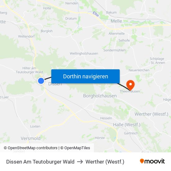 Dissen Am Teutoburger Wald to Werther (Westf.) map