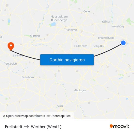 Frellstedt to Werther (Westf.) map