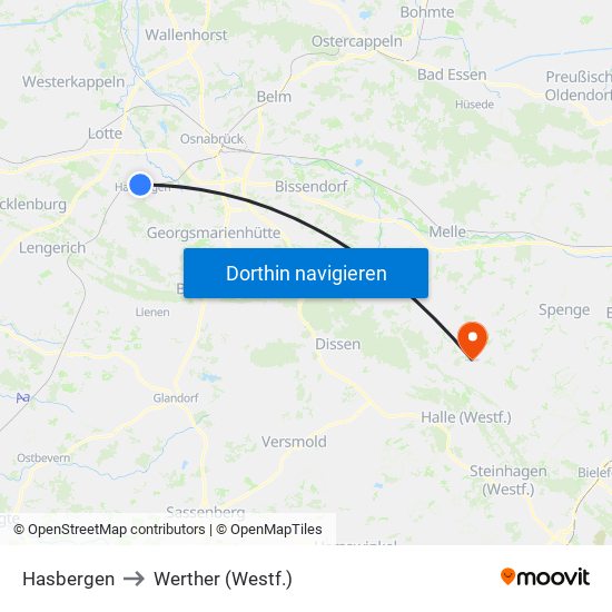 Hasbergen to Werther (Westf.) map