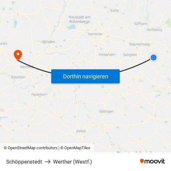 Schöppenstedt to Werther (Westf.) map