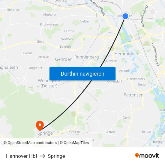 Hannover Hbf to Springe map