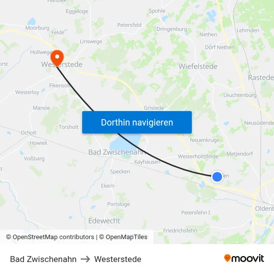 Bad Zwischenahn to Westerstede map