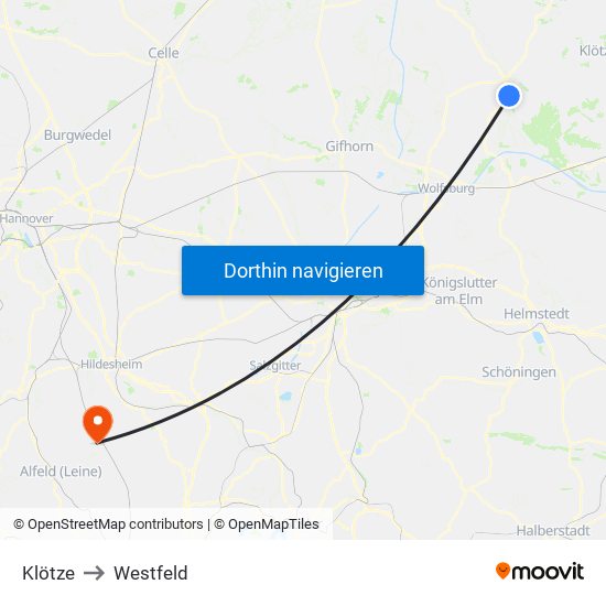 Klötze to Westfeld map