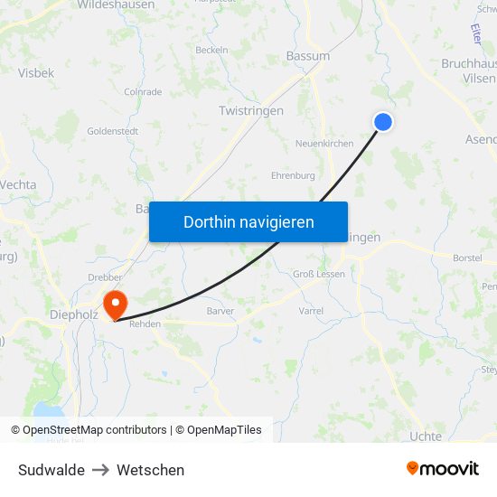 Sudwalde to Wetschen map