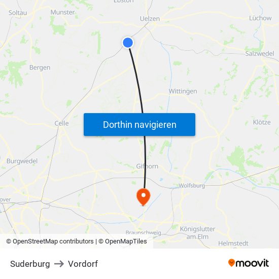Suderburg to Vordorf map