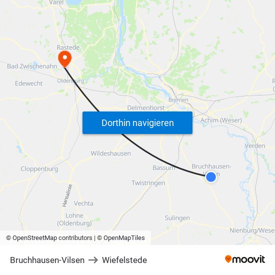 Bruchhausen-Vilsen to Wiefelstede map