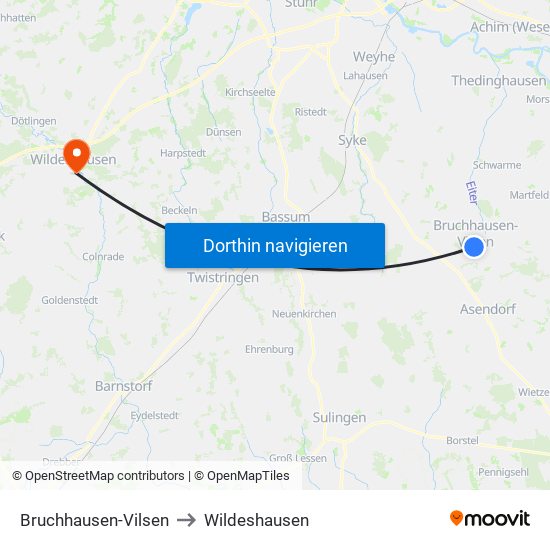Bruchhausen-Vilsen to Wildeshausen map